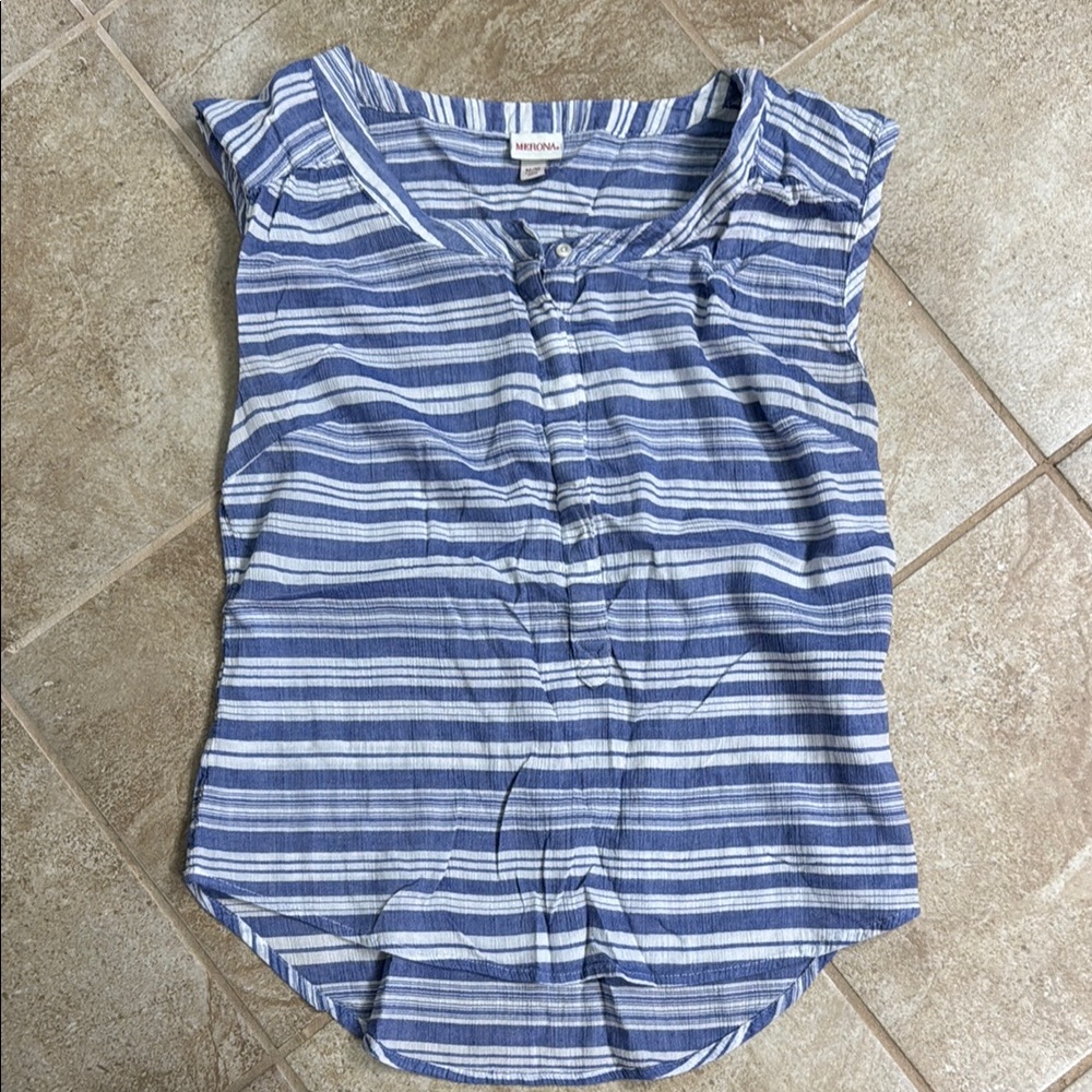 Merona Blue and White Flutter Sleeve Blouse with Bib Collar